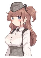 Rule 34 | 1girl, alternate hairstyle, atlanta (kancolle), blue eyes, blush, breasts, brown hair, camouflage, earrings, garrison cap, grey headwear, hat, headgear, high-waist skirt, highres, jewelry, kantai collection, large breasts, long hair, long sleeves, one side up, pout, shirt, simoyuki, simple background, single earring, skirt, star (symbol), star earrings, suspender skirt, suspenders, upper body, white background, white shirt