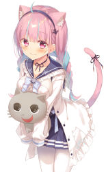 Rule 34 | 1girl, ahoge, amamine, animal ear fluff, animal ears, black ribbon, blue hair, blue hairband, blue sailor collar, blue skirt, blush, braid, breasts, cat ears, cat girl, cat tail, closed mouth, frilled jacket, frilled sailor collar, frills, hairband, highres, hololive, hug, jacket, long hair, medium breasts, minato aqua, minato aqua (sailor), multicolored hair, neko (minato aqua), open clothes, open jacket, pantyhose, pink hair, pleated skirt, purple eyes, ribbon, sailor collar, shirt, simple background, skirt, smile, tail, tail ornament, tail raised, tail ribbon, twin braids, twintails, two-tone hair, very long hair, virtual youtuber, white background, white jacket, white pantyhose, white shirt