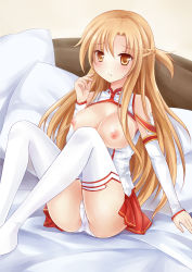 Rule 34 | 10s, 1girl, asuna (sao), blush, breasts, brown eyes, brown hair, long hair, long legs, nikoo, nipples, no shoes, open clothes, open mouth, panties, pantyshot, sitting, skirt, solo, sweat, sword art online, thighhighs, underwear, upskirt, white panties, white thighhighs