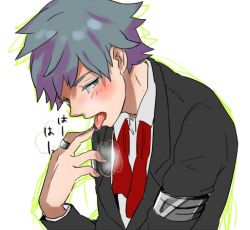 Rule 34 | 1boy, blue eyes, blush, creatures (company), drooling, formal, game freak, jewelry, loose necktie, male focus, necktie, nintendo, pokemon, pokemon rse, ring, short hair, solo, steven stone, suit, tongue, tongue out, ume-bayashi