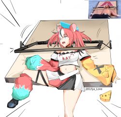 Rule 34 | absurdres, animal ears, blue eyes, hakos baelz, highres, hololive, hololive english, kiddo elfy, meme, mouse ears, mousetrap, navel, red hair, virtual youtuber, white background