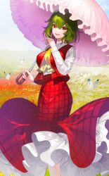 Rule 34 | 1girl, ascot, breasts, bug, butterfly, collared shirt, frilled skirt, frills, garden, green hair, holding, holding umbrella, insect, kazami yuuka, large breasts, long skirt, long sleeves, looking at viewer, official art, open clothes, open mouth, open vest, parasol, plaid, plaid skirt, plaid vest, red eyes, red skirt, red vest, shirt, short hair, skirt, skirt set, smile, touhou, touhou cannonball, tsukimoto aoi, umbrella, vest, white shirt, yellow ascot