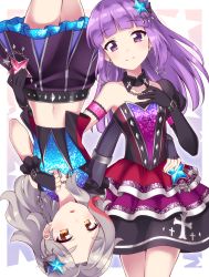 Rule 34 | 10s, 2girls, aikatsu!, aikatsu! (series), arm garter, armlet, armpits, asymmetrical gloves, bare arms, bare shoulders, black gloves, blunt bangs, buckle, chain, chain necklace, closed mouth, corset, cowboy shot, cross print, dancing diva, detached collar, dress, earrings, elbow gloves, eyebrows, fingerless gloves, frilled dress, frilled sleeves, frills, glitter, gloves, gradient background, hair ornament, hand on another&#039;s hip, hand on own chest, hikami sumire, idol, jewelry, juliet sleeves, kanzashi, kurosawa rin (aikatsu!), layered dress, layered skirt, light brown hair, light smile, long hair, long sleeves, mismatched gloves, multicolored clothes, multicolored dress, multicolored hair, multicolored skirt, multiple girls, navel, necklace, nemou, open mouth, parted lips, pendant, pleated skirt, puffy sleeves, purple eyes, purple hair, raised eyebrows, rotational symmetry, shiny clothes, sidelocks, simple background, single elbow glove, single sleeve, skirt, split mouth, star (symbol), star earrings, star hair ornament, starry background, stomach, streaked hair, thick eyebrows, thighs, two-tone hair, uneven gloves, vest, wavy hair, white background, yellow eyes