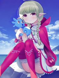 Rule 34 | 1girl, braid, closed mouth, commission, creatures (company), crossover, fire emblem, fire emblem awakening, fish, game freak, gen 1 pokemon, green hair, highres, holding, holding pokemon, horsea, looking at viewer, mikoko1, nah (fire emblem), nintendo, ocean, outdoors, pointy ears, pokemon, pokemon (creature), purple eyes, seahorse, skeb commission, thighhighs, twin braids
