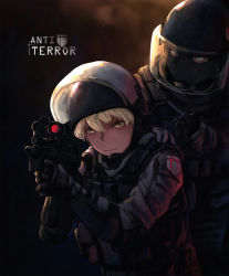Rule 34 | 1girl, 1other, ammunition pouch, bad id, bad pixiv id, black gloves, blonde hair, blue eyes, body armor, chin strap, closed mouth, collared jacket, commentary, dark, english text, frown, gloves, grey jacket, gun, h&amp;k mp5k, hand on another&#039;s shoulder, heckler &amp; koch, helmet, highres, holding, holding gun, holding weapon, jacket, kneeling, mask, mouth mask, original, pouch, scope, serious, ski mask, submachine gun, tactical clothes, therj, weapon, yellow eyes