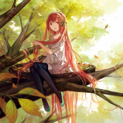 Rule 34 | 1girl, absurdly long hair, bare shoulders, bow, cotta, dress, full body, hair bow, hairband, holding, holding hair, in tree, leaf, long hair, looking at viewer, nest, open mouth, original, pantyhose, petals, red eyes, red hair, shoes, sitting, sitting in tree, solo, sunlight, tree, very long hair