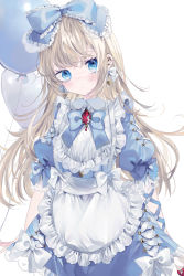 Rule 34 | 1girl, alice (alice in wonderland), alice in wonderland, apron, artisul, balloon, blue bow, blue dress, blue eyes, blue hair, blush, bow, dress, earrings, frilled apron, frilled bow, frilled dress, frills, hair bow, highres, jewelry, long hair, looking at viewer, sakurato remi, short sleeves, simple background, solo, white apron, white background, white bow