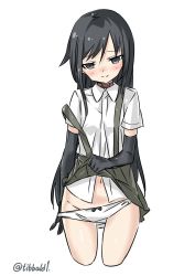 Rule 34 | 10s, 1girl, asashio (kancolle), bad id, bad twitter id, black bow, black gloves, black hair, blush, bow, bow panties, closed mouth, clothes lift, collar, collared shirt, cowboy shot, cropped legs, ebifurya, elbow gloves, eyebrows, gloves, groin, hair between eyes, highres, inactive account, kantai collection, long hair, looking at viewer, navel, off shoulder, panties, panty pull, pulled by self, shirt, short sleeves, simple background, skirt, skirt lift, solo, suspender skirt, suspenders, twitter username, underwear, white background, white panties, white shirt