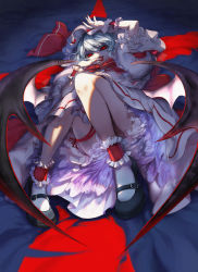 Rule 34 | 1girl, ankle cuffs, arm up, bad id, bad pixiv id, bat wings, bed, blood, blue hair, female focus, hat, highres, leg ribbon, legs, licking, licking finger, lying, mamada, mary janes, mob cap, on back, red eyes, remilia scarlet, ribbon, shoes, short hair, solo, thigh ribbon, touhou, wings, wrist cuffs