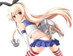 Rule 34 | 10s, 1girl, anchor, ass, black panties, blonde hair, blush, brown eyes, butt crack, elbow gloves, gloves, hair ornament, hairband, highres, kantai collection, long hair, looking at viewer, looking back, panties, panty lift, panty pull, personification, rensouhou-chan, shimakaze (kancolle), skirt, solo, striped clothes, striped thighhighs, thighhighs, underwear, white gloves, yoshimo