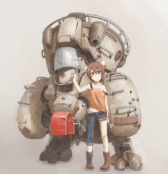 Rule 34 | 1girl, asymmetrical clothes, backpack, bag, belt, boots, brown eyes, brown hair, bucket, bucket on head, denim, flute, hair ornament, holding, instrument, jeans, looking at viewer, nabana, object on head, original, pants, randoseru, recorder, robot, simple background, solo, strap slip, wrench