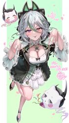 Rule 34 | 1girl, :p, absurdres, alias anono, black bow, black footwear, black jacket, blush, bow, braid, breasts, cleavage, closed mouth, dress, from above, ghost pose, green hair, grey hair, hair between eyes, hair bow, heterochromia, highres, jacket, long hair, looking at viewer, medium breasts, mixed-language commentary, multicolored hair, open clothes, open jacket, petals, purple eyes, red eyes, shoes, short sleeves, simple background, smile, solo, standing, standing on one leg, streaked hair, tongue, tongue out, v4mirai, virtual youtuber, white background, white dress, yayoi maka