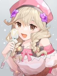 Rule 34 | 1girl, :d, blonde hair, bow, braid, brown eyes, dress, faye (fire emblem), fire emblem, fire emblem echoes: shadows of valentia, fire emblem heroes, flower, hair flower, hair ornament, hat, highres, holding, holding flower, long hair, looking at viewer, nintendo, official alternate costume, open mouth, pink bow, pink hat, ribbon, sakura no yoru, smile, solo, twin braids, upper body