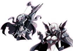 Rule 34 | 1girl, abyssal ship, black cape, bow (weapon), breasts, cape, colored skin, european armored aircraft carrier princess, gauntlets, glowing, glowing eyes, hair between eyes, helmet, highres, holding, holding bow (weapon), holding weapon, kantai collection, large breasts, leotard, long hair, multiple views, pale skin, simple background, sketch, suke (share koube), tentacles, weapon, white background, white hair, white skin