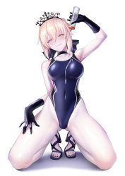 Rule 34 | 1girl, absurdres, artoria pendragon (all), artoria pendragon (alter swimsuit rider) (fate), artoria pendragon (alter swimsuit rider) (third ascension) (fate), artoria pendragon (fate), blonde hair, breasts, competition swimsuit, covered navel, fate/grand order, fate (series), full body, gluteal fold, hair between eyes, head tilt, highres, looking at viewer, lotion, medium breasts, nail polish, one-piece swimsuit, saber (fate), saber (summer battle clothes) (fate), saber alter, simple background, smile, solo, swimsuit, toenail polish, toenails, ulrich (tagaragakuin), white background, yellow eyes