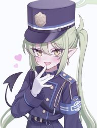 Rule 34 | 1girl, \||/, aiguillette, armband, belt, black belt, blue archive, blue armband, blue hat, blue jacket, blue skirt, blush, demon tail, earrings, fang, gloves, green hair, hair between eyes, hand to own mouth, hand up, hat, heart, highres, jacket, jewelry, long hair, long sleeves, looking at viewer, nozomi (blue archive), peaked cap, pointy ears, shoulder boards, shoulder strap, sidelocks, simple background, single earring, skin fang, skirt, solo, sweat, tail, twintails, upper body, uxx2ixu, very long hair, white background, white gloves, yellow eyes