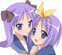Rule 34 | 00s, 2girls, :d, black bow, blush, bow, hair bow, hiiragi kagami, hiiragi tsukasa, looking at viewer, lowres, lucky star, multiple girls, open mouth, purple hair, r-type nirvana, school uniform, serafuku, shirt, siblings, simple background, sisters, smile, twins, twintails, upper body, white background, white shirt