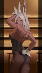 Rule 34 | 1girl, absurdres, animal ears, arm up, ass, back, bar (place), bare shoulders, boku no hero academia, breasts, clothing cutout, dark-skinned female, dark skin, gloves, hand on own hip, highleg, highleg leotard, highres, large breasts, leotard, long eyelashes, long hair, looking at viewer, looking back, median furrow, mirko, muscular, muscular female, pantyhose, parted bangs, rabbit ears, rabbit girl, rabbit pose, rabbit tail, red eyes, sideboob, smile, solo, soolee040995, strapless, strapless leotard, tail, tail through clothes, thighs, torn clothes, torn pantyhose, white gloves, white hair, wrist cuffs