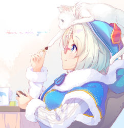 Rule 34 | .live, animal, animal on head, blonde hair, blue hat, blush, cat, cat on head, chocolate, closed mouth, commentary request, cup, dennou shoujo siro, english text, from side, fur trim, glasses, hair ornament, hairclip, hat, highres, holding, kinoko no yama, kotatsu, long sleeves, on head, profile, red-framed eyewear, short hair, sitting, smile, sora from france, table, virtual youtuber, x hair ornament