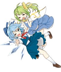 Rule 34 | 2girls, bad id, bad pixiv id, blue eyes, blue hair, bow, cirno, daiyousei, fairy wings, green hair, hair bow, highres, ice, ice wings, multiple girls, one eye closed, open mouth, puffy short sleeves, puffy sleeves, sanka (mana nim), shirt, short sleeves, side ponytail, skirt, skirt set, smile, touhou, vest, white background, wings