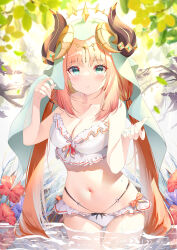 Rule 34 | 1girl, absurdres, alternate costume, aqua eyes, bare arms, bare shoulders, bikini, blush, bow, bow bikini, breasts, circlet, cleavage, collarbone, day, fake horns, fingernails, flower, frilled bikini, frills, genshin impact, gluteal fold, hands up, hei hua de nana li, hibiscus, highres, horns, leaf, long fingernails, long hair, looking at viewer, low twintails, medium breasts, midriff, navel, nilou (genshin impact), o-ring, outdoors, parted bangs, parted lips, print bikini, red flower, red hair, sidelocks, skindentation, solo, stomach, sunlight, swimsuit, thighs, twintails, veil, very long hair, wading, water, white bikini