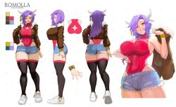 Rule 34 | 1girl, absurdres, animal ears, arqa, ass, bangle, black thighhighs, blue shorts, bracelet, breasts, brown jacket, character sheet, cleavage cutout, clothing cutout, color guide, commentary, cow ears, cow girl, cow horns, cropped jacket, curvy, cutoffs, denim, denim shorts, ear tag, english commentary, full body, green eyes, hand on own hip, highres, horns, huge breasts, indie virtual youtuber, jacket, jewelry, leotard, leotard under clothes, long hair, multiple views, official art, pink leotard, purple hair, romolla, second-party source, shoes, short shorts, shorts, sideboob, sneakers, solo, star cutout, thick thighs, thighhighs, thighs, turnaround, underbutt, virtual youtuber, wide hips