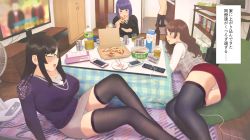 Rule 34 | 1other, 3girls, black hair, blush, breasts, brown hair, closed eyes, commentary request, dot nose, electric fan, food, glasses, highres, indoors, kotatsu, long sleeves, multiple girls, open mouth, original, pizza, purple hair, ryokucha michi, shadow, straight hair, table, television, thighhighs, translated, wavy hair, wooden floor