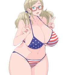 Rule 34 | 1girl, :d, american flag bikini, bikini, blonde hair, blue eyes, breasts, double v, flag print, glasses, hands up, huge breasts, looking at viewer, navel, open mouth, original, puuyan, red-framed eyewear, semi-rimless eyewear, simple background, smile, solo, standing, swimsuit, twintails, v, white background