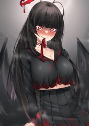 Rule 34 | 1girl, absurdres, arm behind back, black hair, black serafuku, black shirt, black skirt, black wings, blood, blood halo, blood on clothes, blue archive, blush, breasts, choker, cleavage, commentary request, halo, heart, heart-shaped pupils, highres, lace, lace choker, large breasts, liquid halo, long hair, long sleeves, looking at viewer, melting halo, midriff, mouth hold, mr2d, neckerchief, neckerchief in mouth, pleated skirt, red eyes, red halo, red neckerchief, school uniform, serafuku, shirt, skirt, solo, sweat, symbol-shaped pupils, tsurugi (blue archive), undone neckerchief, wings