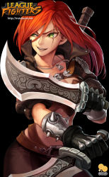 Rule 34 | 1girl, 2gold, belt, black background, black gloves, dagger, dual wielding, gloves, green eyes, holding, holding weapon, jewelry, katarina (league of legends), knife, league of legends, long hair, long sleeves, looking to the side, necklace, open mouth, pants, red hair, scar, smirk, solo, weapon