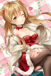 Rule 34 | 1girl, absurdres, bad id, bad pixiv id, beige jacket, blush, bow, breasts, brown hair, choker, cleavage, collarbone, commentary, dot nose, double bun, dress, fur-trimmed dress, fur trim, girls&#039; frontline, green eyes, hair between eyes, hair bow, hair bun, heart, highres, jacket, kian, long hair, long sleeves, looking at viewer, medium breasts, merry christmas, official alternate costume, one eye closed, red bow, rfb (girls&#039; frontline), rfb (how rfb stole xmas) (girls&#039; frontline), sitting, smile, solo, tongue, tongue out, torn clothes, torn legwear