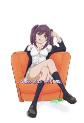Rule 34 | 1girl, black eyes, black footwear, black hair, black jacket, black socks, breasts, chair, cleavage, clenched hand, collarbone, collared shirt, crossed legs, dated, female focus, frown, full body, graffiti, hand in own hair, highres, jacket, kouzaku mitori, leaning back, legs, loafers, long sleeves, looking at viewer, mac-v, medium breasts, miniskirt, open clothes, open jacket, open mouth, shirt, shoes, sidelocks, sitting, skirt, socks, solo, toaru kagaku no mental out, toaru kagaku no railgun, toaru majutsu no index, twintails, white background, white shirt, white skirt