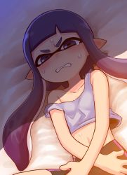 Rule 34 | 1girl, bare shoulders, bike shorts, black shorts, blue eyes, blue hair, blunt bangs, blush, clenched teeth, collarbone, commentary, covering crotch, covering privates, flat chest, highres, inkling, inkling girl, inkling player character, long hair, looking at viewer, lying, mask, midriff, navel, nintendo, off shoulder, on back, on bed, pointy ears, shiromanta, shorts, single vertical stripe, singlet, solo, splatoon (series), strap slip, sweatdrop, teeth, tentacle hair
