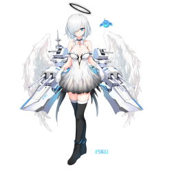 Rule 34 | 1girl, animal, azur lane, bare shoulders, bird, black footwear, black hair, black halo, blue eyes, boots, breasts, cannon, closed mouth, collarbone, dark halo, dress, feathered wings, full body, gloves, hair over one eye, halo, highres, looking at viewer, machinery, medium breasts, shibanme tekikumo, short hair, silver hair, simple background, skirt hold, sleeveless, sleeveless dress, smile, solo, standing, thighhighs, thighhighs under boots, turret, white background, white dress, white gloves, white wings, wings