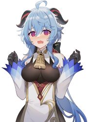 Rule 34 | 1girl, @ @, abandon ranka, ahoge, bell, black gloves, blue hair, blush, breasts, commentary request, cowbell, detached sleeves, ganyu (genshin impact), genshin impact, gloves, goat horns, hands up, highres, horns, long hair, long sleeves, medium breasts, solo, sweat, wavy mouth, white background