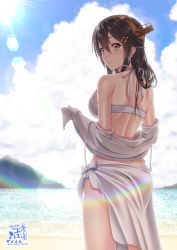 Rule 34 | 1girl, alternate costume, artist logo, ass, back, bare shoulders, beach, bikini, black hair, blue sky, blush, breasts, closed mouth, cloud, day, from behind, hair ornament, hairband, hairclip, haruna (kancolle), headgear, highres, jacket, kantai collection, large breasts, long hair, looking at viewer, looking back, ocean, off shoulder, outdoors, revision, sarong, shoulder blades, sidelocks, signature, sky, smile, solo, sunlight, swimsuit, takasaki ryou, wet, white bikini, white sarong