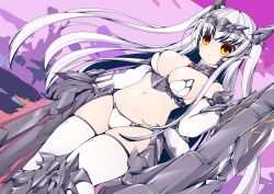 Rule 34 | 1girl, abstract background, arm warmers, armor, bikini, bikini armor, breasts, closed mouth, cowboy shot, dutch angle, expressionless, gloves, grey gloves, headpiece, highres, houseki hime, large breasts, long hair, looking at viewer, misu t (ccc), navel, pointy ears, purple background, solo, standing, swimsuit, thighhighs, tinctura (houseki hime), tinctura ill (houseki hime), two side up, white bikini, white hair, white sleeves, white thighhighs, yellow eyes