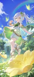 Rule 34 | 1girl, absurdres, aranara (genshin impact), bare shoulders, bloomers, blue sky, bright pupils, bug, butterfly, cross-shaped pupils, dress, floating hair, full body, genshin impact, gradient hair, green eyes, green hair, grey hair, highres, insect, long hair, looking at viewer, mimimikan, multicolored hair, nahida (genshin impact), outdoors, parted lips, pointy ears, rainbow, side ponytail, sidelocks, sky, sleeveless, sleeveless dress, smile, stirrup footwear, symbol-shaped pupils, toeless footwear, underwear, white bloomers, white dress, white footwear, white pupils