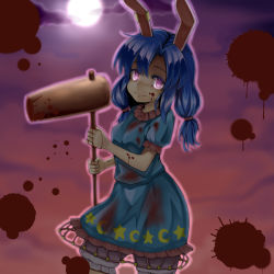 Rule 34 | 1girl, bad id, bad pixiv id, blood, blood on face, blood stain, blue hair, full moon, gradient background, highres, kine, ko-santsu, low twintails, mallet, moon, moonlight, purple eyes, seiran (touhou), sky, solo, touhou, twintails