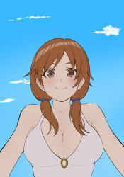 Rule 34 | 1girl, absurdres, blue sky, blush, breasts, brown hair, cleavage, cloud, collarbone, daiko (dai1974910), flat color, highres, idolmaster, idolmaster cinderella girls, katagiri sanae, large breasts, looking at viewer, one-piece swimsuit, sky, smile, solo, swimsuit, twintails, upper body, white one-piece swimsuit