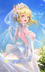 Rule 34 | 1girl, :d, absurdres, backless dress, backless outfit, blonde hair, blue skirt, breasts, bridal veil, commentary, day, dress, elbow gloves, english commentary, floating hair, flower, gloves, green eyes, hair between eyes, hair flower, hair ornament, highres, lizchief, looking at viewer, looking to the side, medium breasts, medium hair, open mouth, original, outdoors, plant, sideboob, skirt, smile, solo, veil, wedding dress, white dress, white gloves