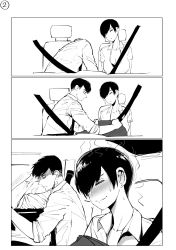 Rule 34 | 1boy, 1girl, absurdres, black hair, blanket, blush, breasts, car interior, cleavage, closed eyes, collared shirt, comic, commentary, driving, english commentary, female pervert, greyscale, highres, large breasts, monochrome, norman maggot, olive laurentia, open clothes, open shirt, original, pervert, pixie cut, seatbelt, shirt, short hair, short sleeves, sigit martinus, sitting, sleeping, sleeves rolled up, smile, sweat, sweatdrop, veins, white shirt