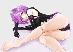 Rule 34 | 1girl, :d, bad id, bad pixiv id, barefoot, black gloves, black leotard, cameltoe, clothing cutout, elbow gloves, fate/grand order, fate (series), gloves, grey background, highres, leotard, looking at viewer, lying, mash kyrielight, mossan (mossan-777), on side, open mouth, purple eyes, purple hair, short hair, smile, soles, solo, stomach cutout