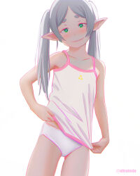 Rule 34 | 1girl, artist name, bow, bow panties, camisole, closed mouth, cowboy shot, dangle earrings, earrings, elf, female focus, flat chest, frieren, green eyes, highres, jewelry, legs together, long hair, looking at viewer, navel, panties, parted bangs, pointy ears, short eyebrows, simple background, sleeveless, smile, solo, sousou no frieren, standing, thighs, triforce print, twintails, twitter username, ultratesla, underwear, white background, white hair, white panties