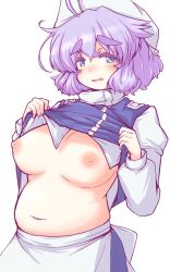 Rule 34 | 1girl, apron, belly, blue eyes, blue skirt, blue vest, blush, breasts, breasts apart, clothes lift, commentary request, embarrassed, hat, hensheru, highres, large breasts, letty whiterock, lifted by self, light purple hair, long sleeves, looking at viewer, medium hair, navel, nipples, no bra, plump, shirt, shirt lift, simple background, skirt, solo, stomach, touhou, upper body, vest, waist apron, white apron, white background, white hat, white shirt