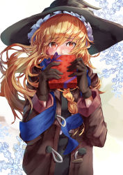 Rule 34 | 1girl, arms up, asllapistone, black gloves, black hat, black skirt, black vest, blonde hair, blue scarf, blush, box, braid, coat, commentary request, covering own mouth, cowboy shot, dress, duffel coat, gift, gift box, gloves, hair between eyes, hair blowing, hat, highres, holding, holding gift, kirisame marisa, long hair, looking at viewer, open clothes, open coat, partial commentary, scarf, single braid, skirt, snowflake background, solo, standing, tareme, touhou, valentine, very long hair, vest, white background, winter clothes, winter coat, witch hat, yellow eyes
