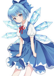 Rule 34 | 1girl, :/, blue bow, blue dress, blue eyes, blue hair, bow, breasts, cirno, closed mouth, dress, expressionless, feet out of frame, hair bow, highres, ice, ice wings, leaning forward, light blush, looking at viewer, mongkyung, puffy short sleeves, puffy sleeves, short hair, short sleeves, simple background, small breasts, solo, touhou, white background, wings