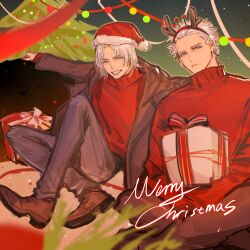 Rule 34 | 2boys, ana75739825, blue eyes, christmas, christmas tree, dante (devil may cry), devil may cry (series), devil may cry 5, gift, hat, highres, long hair, looking at viewer, male focus, merry christmas, multiple boys, red sweater, santa hat, siblings, smile, sweater, turtleneck, turtleneck sweater, twins, vergil (devil may cry), white hair