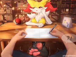 Rule 34 | !?, 1boy, 1girl, animal ear fluff, animal ears, animal feet, animal nose, artist name, black fur, blush, body fur, book, bookshelf, braixen, breasts, creatures (company), footjob, fox ears, fox girl, furry, furry female, furry with non-furry, game freak, gen 6 pokemon, hand on own cheek, hand on own face, holding, holding pen, imoon, indoors, interspecies, medium breasts, motion lines, multicolored fur, neck fur, nintendo, open mouth, paper, pawpads, pen, penis, penis out, pixiv username, poke ball, poke ball (basic), pokemon, pokemon (creature), pokephilia, pov, pov hands, red eyes, sitting, snout, solo focus, speech bubble, spoken interrobang, table, trembling, uncensored, white fur, yellow fur