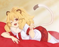 Rule 34 | 10s, 1girl, ;d, animal ears, beckoning, beige background, blonde hair, blurry, blush, breast pocket, brown eyes, collar, depth of field, eyelashes, fangs, fingernails, fur collar, hair between eyes, hand up, indoors, kemono friends, lion (kemono friends), lion ears, lion tail, looking at viewer, lying, medium hair, nagiko (mangalove1111), necktie, on stomach, one eye closed, open mouth, outline, plaid, plaid necktie, plaid neckwear, plaid skirt, pleated skirt, pocket, red necktie, red skirt, shadow, shirt, short sleeves, sidelocks, skirt, sleeve cuffs, smile, solo, tail, tareme, teeth, thighhighs, tongue, wavy hair, white outline, white shirt, white thighhighs, zettai ryouiki
